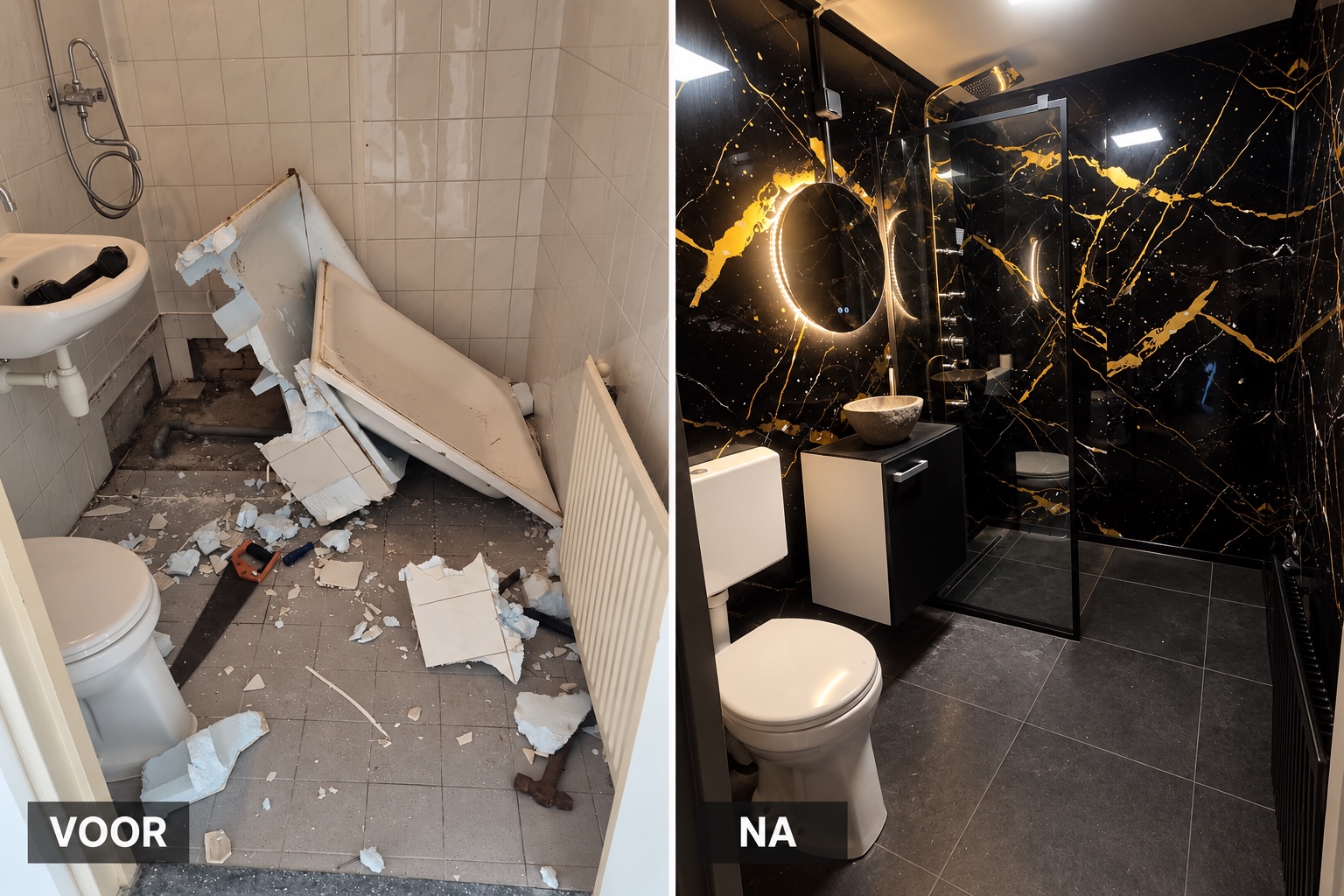 Voor en na van een badkamerrenovatie: van een gesloopte badkamer naar een luxe badkamer met zwart-gouden wandpanelen en donkere vloertegels