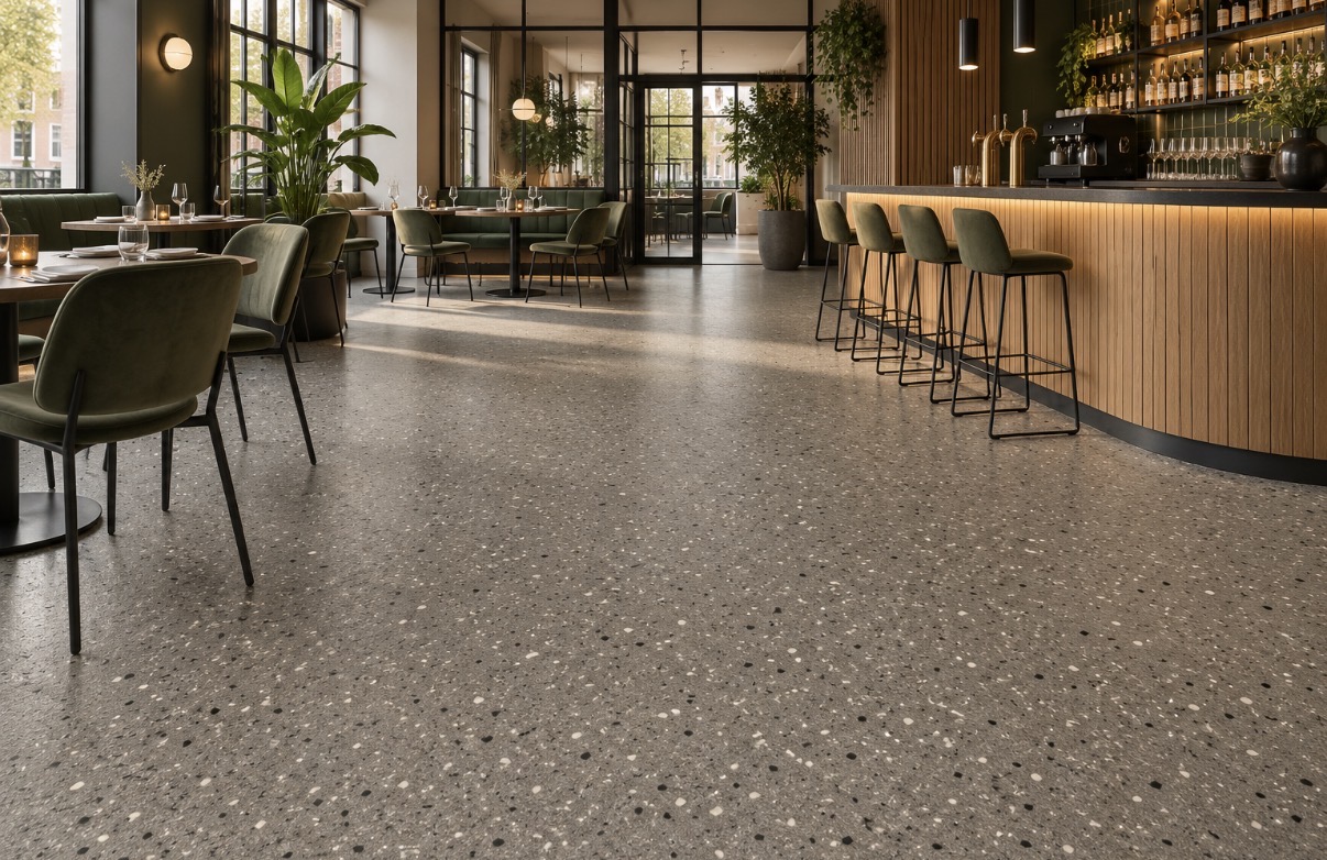 Epoxy-troffelvloer en mortelvloer in een horecaruimte