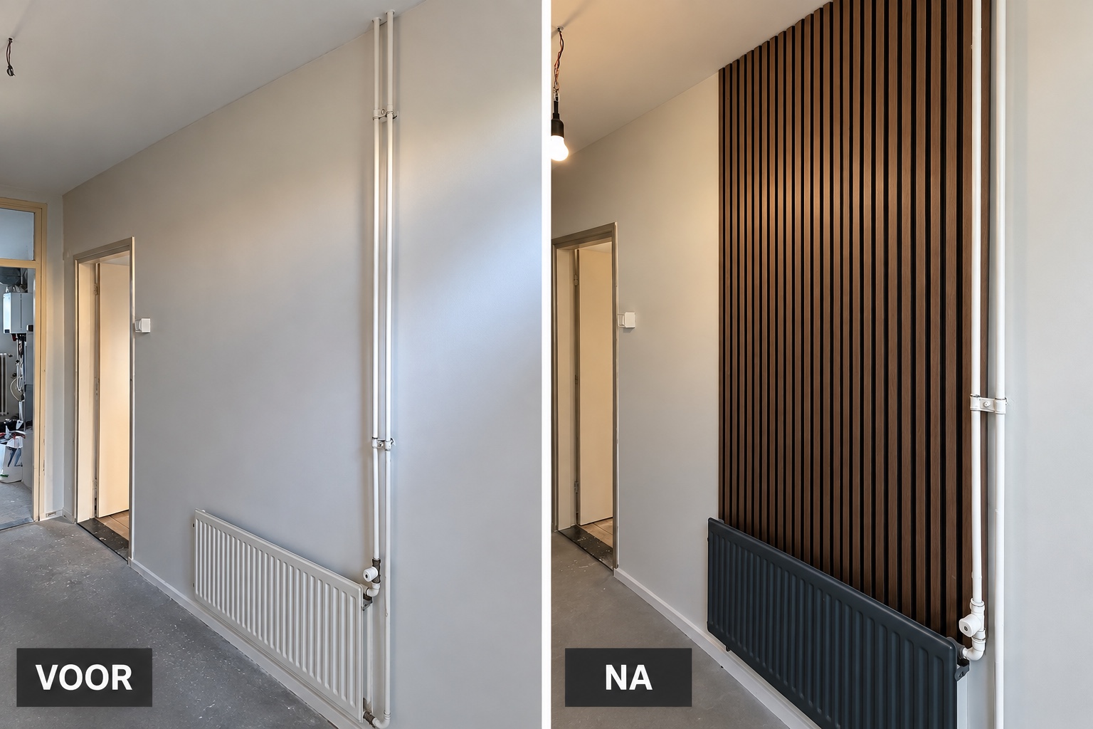 Voor en na: gang met een verticale houten lattenwand en een donker afgewerkte radiator