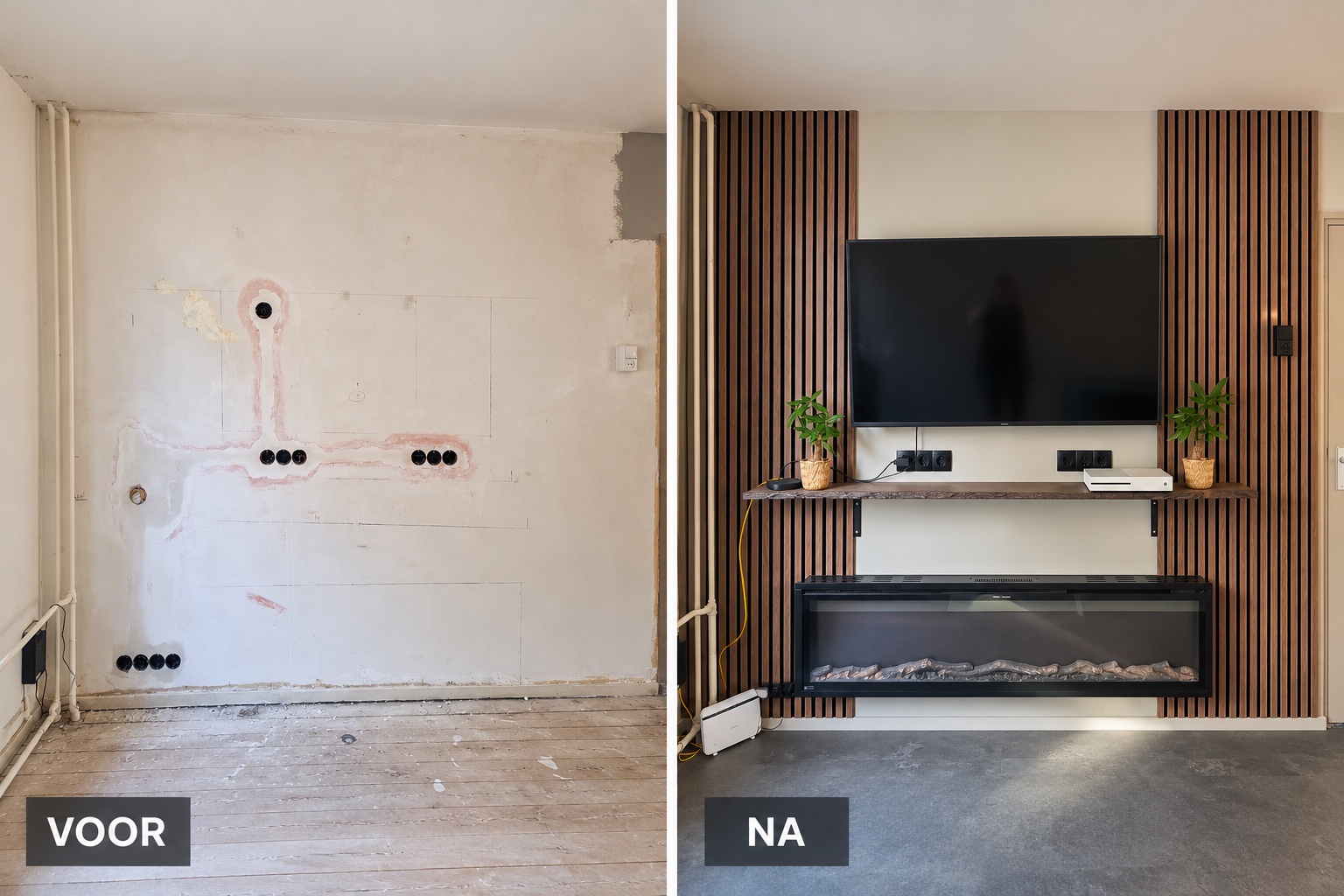 Voor en na: woonkamer met een houten lattenwand, tv, wandplank en elektrische haard