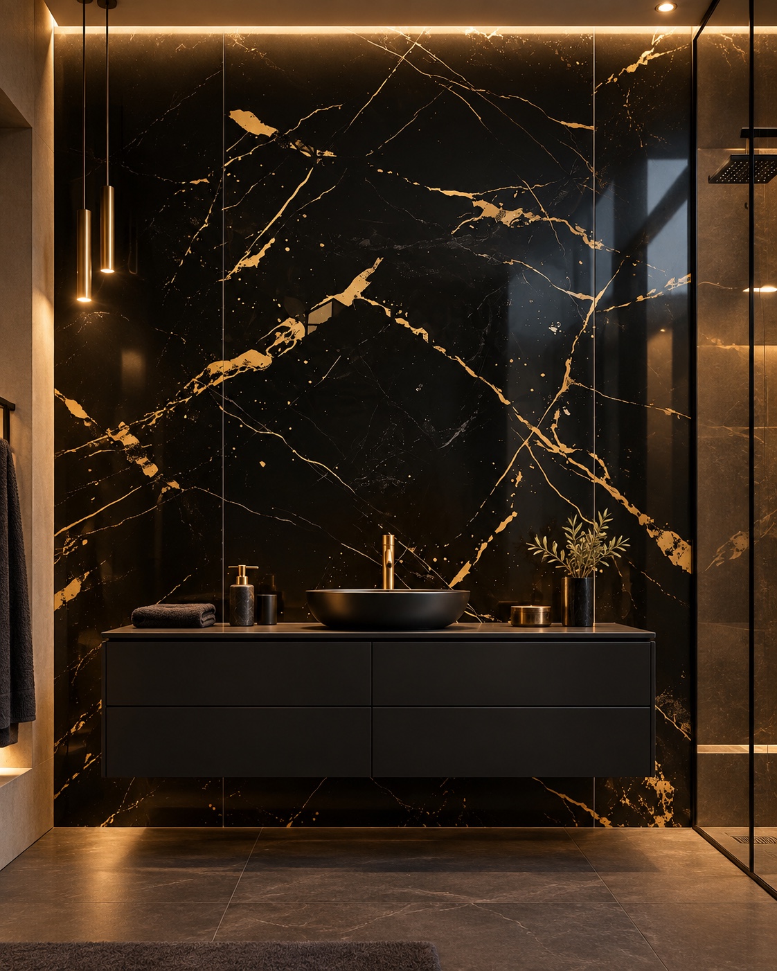 Zwart-gouden SPC-wandpanelen in een badkamer